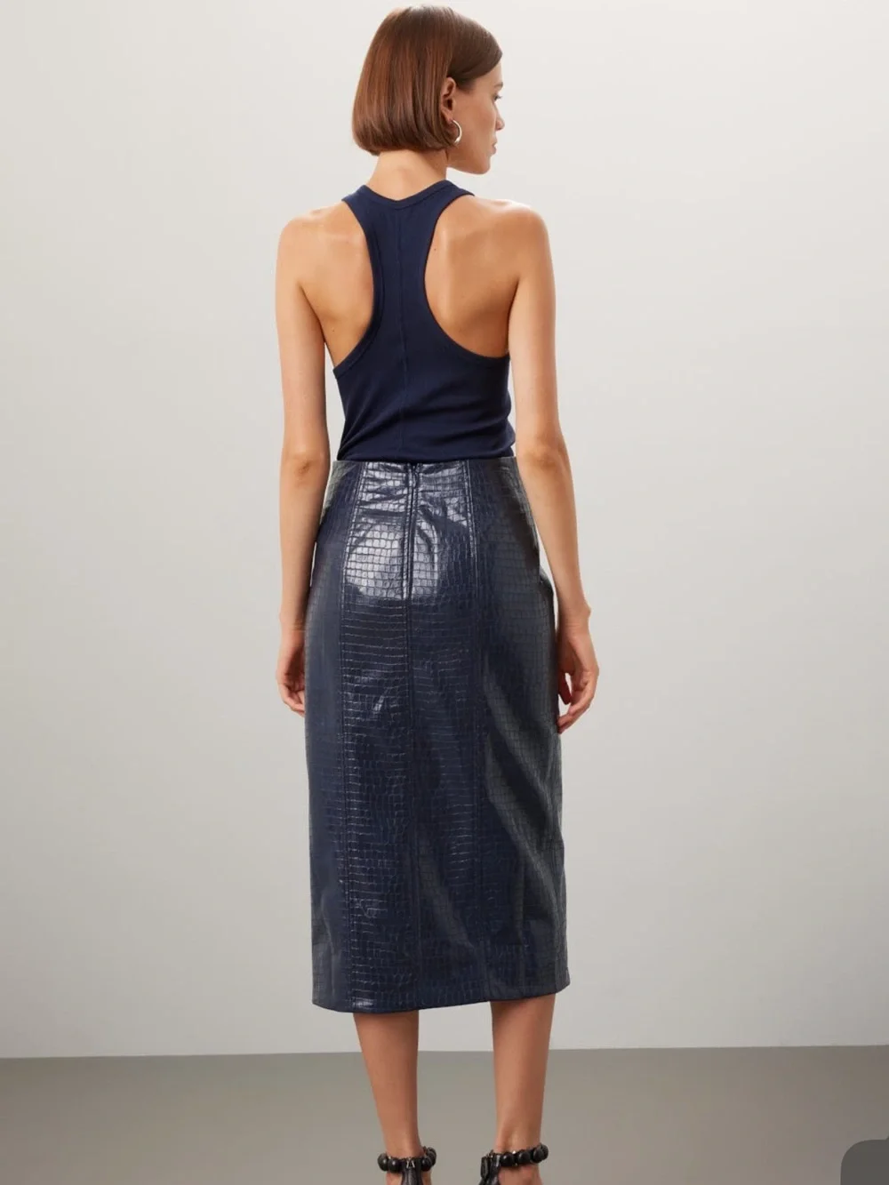 Tanya Taylor Navy Croc-Embossed Midi Skirt